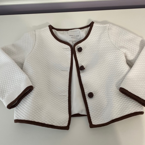 Janie and Jack 2T White Quilted Jacket with Brown Trim - Picture 1 of 5